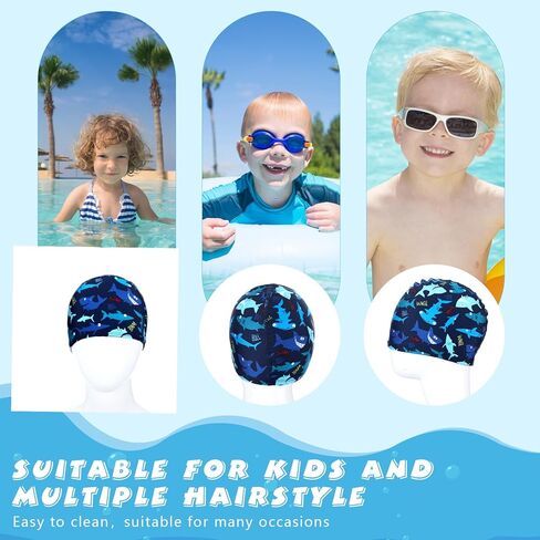 Kids Swim Caps 3 Pieces Shark Dolphin Bathing Swimming Hats Unisex Polyester Bathing Cap Shower Pool Cap Summer Swimming Caps for Boys Girls Long Short Hair in Saudi Arabia