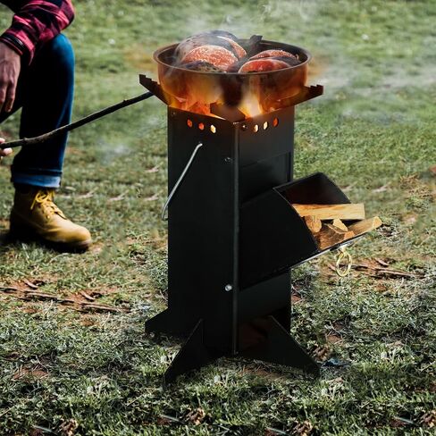 Lineslife Heavy Duty Portable Rocket Stove, Wood Camping Stove with Fuel Chamber & Foldable Design, Carrying Bag for Outdoor Cooking, BBQ, Backpacking, Hunting, Square Black in Kuwait