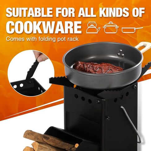Lineslife Heavy Duty Portable Rocket Stove, Wood Camping Stove with Fuel Chamber & Foldable Design, Carrying Bag for Outdoor Cooking, BBQ, Backpacking, Hunting, Square Black in Kuwait