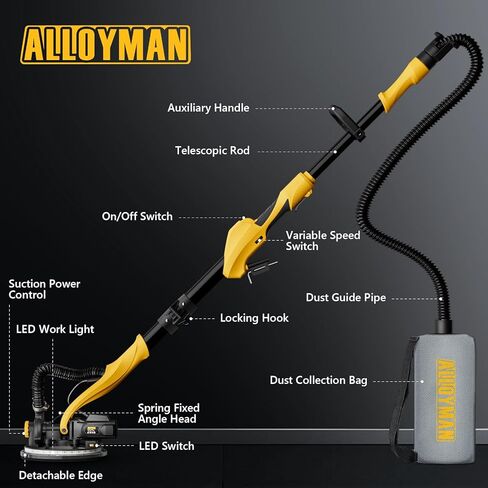 Alloyman Drywall Sander, 1050W Electric Drywall Sander with Vacuum Dust Collection, 2100RPM Wall Sander with 6 Variable Speed, Foldable & Extendable Handle, Double-Deck LED Light, Dust Bag and Hose in Kuwait
