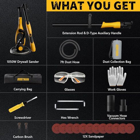 Alloyman Drywall Sander, 1050W Electric Drywall Sander with Vacuum Dust Collection, 2100RPM Wall Sander with 6 Variable Speed, Foldable & Extendable Handle, Double-Deck LED Light, Dust Bag and Hose in Kuwait