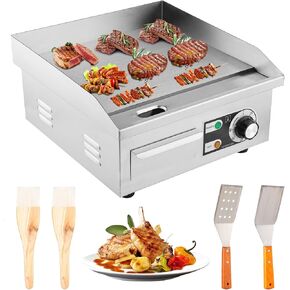 Commercial Electric Griddle, 14" Electric Countertop Flat Top Griddle,1600W 110V Non-Stick Electric Flat Top Grill Stainless Steel Teppanyaki Grill,122℉-572℉ Adjustable Temperature for Restaurant Home