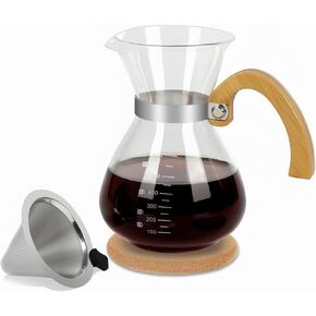 Pour Over Coffee Maker Set, with Double-Layer Stainless Filter and Wooden Handle, 20 oz 600ml Thickened Borosilicate Glass Pour Over Coffee Dripper for Home Café