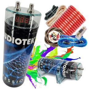 Audiotek at-5.0 Farad Capacitor Car Audio 5000 Watts Power 12V Car Digital Power and Audiotek AT-BCC4AR Installer 4 Gauge Complete Amplifier Installation Wiring Kit Red