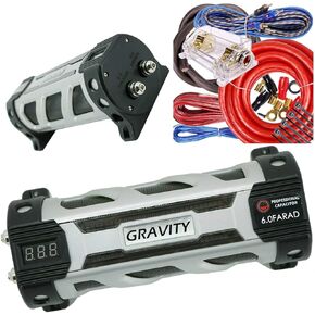 Gravity GR6.0 Car Audio Battery Stiffening Portable Power 6 Farad Capacitor and Completed 5000 Watts 0 Gauge Red Amplifier Installation Wiring Kit BGC0XLR