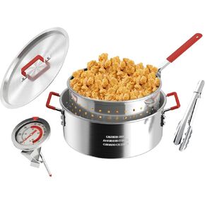 10QT Aluminum Fish Fryer Pot with Basket | Deep Fryer with Lid | Thermometer | Fryer Tongs & Easy Grip Handle for Cooking Seafood | French Fries | Chicken Wings