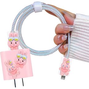Cute Cartoon Cable Protector for iPhone Adapter Kawaii Glasses Bunny Pattern, Silicone Soft Data Line Cable USB-C Wire Saver Charger Protector for iPhone 11 12 13 14 Pro Max-Pink