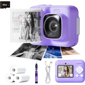 Instant Print Camera for Kids, HD Digital Camera, Christmas Birthday Gifts for 4 5 6 7 8 9 10 Year Old Girls Boys, Portable Toy Camera with 32GB SD Card & 3 Rolls Printing Paper, Orchid