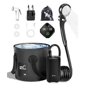 Acare Portable Shower for Camping, 6000mAh Rechargeable Camping Shower Pump with 5Gal/20L Foldable Bucket, IPX7 Waterproof Rinse Kit Portable Outdoor Shower for Hiking, Travel, Car, Pet