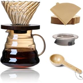 Pour Over Coffee Maker Set 20 oz, 600 ml Borosilicate Glass Coffee Server with Glass Lid, 50 pcs V60 Paper Filter, Walnut Handle Pour Over Coffee Dripper for Home Café Restaurant, Gold