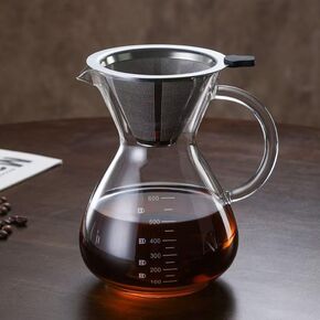 Pour Over Coffee Maker - Borosilicate Glass Carafe - Reusable Stainless Steel Paperless Filter/Dripper - For Home & Office & Resteraunt & Camping