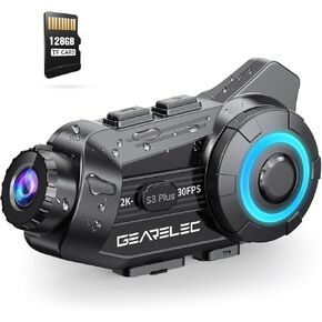 gearelec Motorcycle Bluetooth Headset with【2K】 Camera [G-Sensor Lock], 2-8 Riders 2000M Full Duplex Motorcycle Communication Systems, Helmet Headset Camera with 128G TF Card/Music Sharing/ 2000mAh