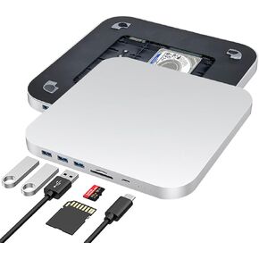 Mac Mini Hub and Stand for NVME/NGFF M2.SSD and 2.5" SATA HDD, Mac Mini Dock with USB-C 10Gbps, USB-A 5/10Gbps, for Mac Mini M2/M1, Mac Studio - Silver