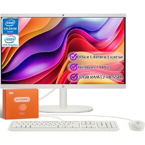 HP All-in-one Desktop Computer with Office Lifetime, 21.5" FHD Display, 32 GB RAM, 2 TB SSD, Intel Celeron J4025, Webcam, Intel Graphics, Wi-Fi 6, Bluetooth, HDMI, Windows 11 Pro w/RH-Accessories