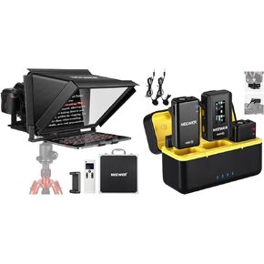 NEEWER X12 Aluminum Teleprompter with RT-110 Remote Control (Connected via Bluetooth on NEEWER Teleprompter App) & Carry Case, CM28 Wireless Lavalier Microphone System with Charging Case Included