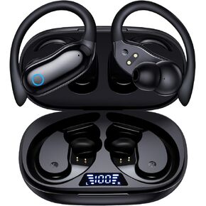 GNMN Ear Buds Wireless Earbuds 96hrs Playback Bluetooth Headphones IPX7 Waterproof Stereo Bass Over-Ear Earphones with Earhooks Microphone LED Battery Display for Sports/Workout/Gym/Running Rose Pink