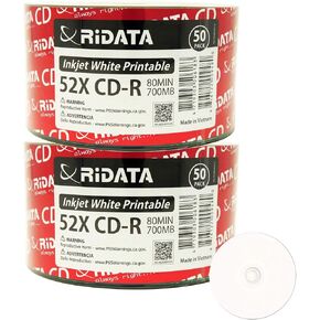 100 Pack Ridata CD-R 52X 700MB 80Min White Inkjet Hub Printable Blank Media Recordable Disc