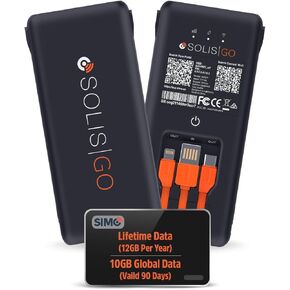 SIMO Solis Go 4G Mobile Hotspot WiFi Power Bank with Built-in Cables for Travel in 140+ Countries, No SIM Card or Contract, Multi-Carrier Network, 10 Devices, 1GB/Month Lifetime + 10GB Global Data