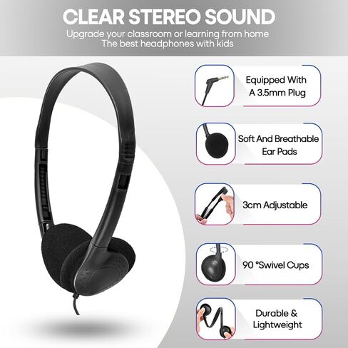 Classroom Headphones Bulk 24 Pack for Kids Children,On Ear Multi Color Varieties Comfy Swivel Earphones for Students,School,Library,Online Learning and Travel, HQ Clear Stereo Sound 3.5mm Jack in Kuwait