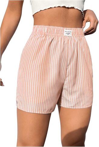 شورت نسائي صيفي كاجوال مخطط من OYOANGLE بخصر مطاطي متوسط ​​الارتفاع وأرجل مستقيمة أزرق X-Small in Saudi Arabia
