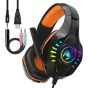 SVYHUOK Pro Gaming Headset for PC PS4 Xbox One Bass Surround Sound Over-Ear Headphones with Mic/LED Light/Soft Memory Earmuffs for Computer Laptop Switch Games Kids Boys Teens Gifts