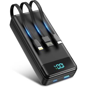 Portable Charger 40000mAh Power Bank Built-in Cable Battery Pack, PD 22.5W Fast Charging Portable Phone Charger 4 Output 3 Input, Compatible with iPhone 16 15 14 13 Samsung Google iPad Outdoor