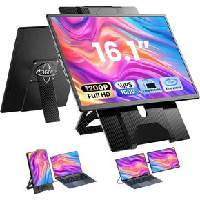 Laptop Screen Extender 16.1", 1200P FHD, Portable Monitor 360° Rotating Detachable Stand, Height Adjustable Laptop Monitor Extender for Laptop 13-17.5", Plug-Play for Mac/OS/Wins/Chrome/Dex