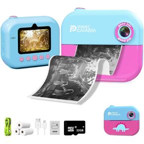 Pink Instant Print Kids Camera Ages 4-12 with 2.4-Inch IPS Screen 1080p HD Dual Lenses and 1500mAh Battery