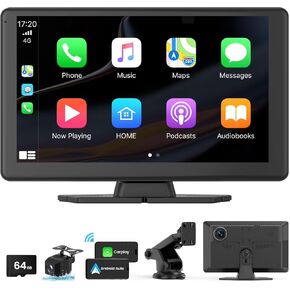 Wireless Carplay Screen for Car with 5K Dash Cam, 9" Portable Apple CarPlay & Android Auto Car Stereo with 1080p Backup Camera, Bluetooth/GPS Navigation/Voice Control/Mirror Link