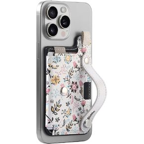 for MagSafe Wallet,Magnetic Wallet for iPhone 12-16 Series,Ultra-Slim Card Holder with Movable Leather Strap-Stand,Holds 2 Cards,Stylish Women’s Floral Style&Snap Closure,RFID Blocking Black