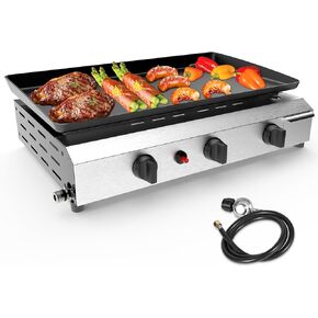 Llamaviva Flat Top Grill with 3 Burners -Auto Ignition Propane Portable GasGrill Premium Stainless Steel Body Tabletop Grill FlatGrills Outdoor Cooking Portable