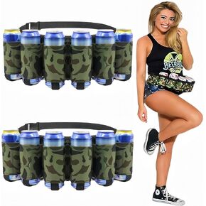 2 Pack Beer Belt, 6 Cans Drink Holder Beer Waist Holder Beer Soda Belt Holster Adjustable Waist Pack Bag for Christmas, Parties, Picnics, Camping, Hiking, Barbeque-Camouflage Green