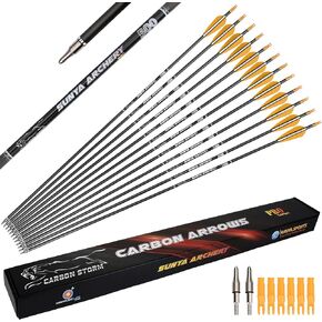 SUNYA 12-Pack 30 Inch Carbon Arrows Spine 500 or 400 for 40-60 LBS Bows｜Switch to Recurve/Compound Modes, Anti-Loose O-Ring & TPU Vanes for Hunting/Target Practice