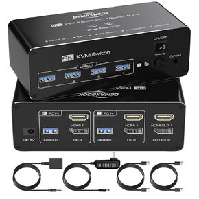 DEMEXBOOK HDMI Displayport KVM Switch 2 Monitors 2 Computers 8K@60Hz/4K@144Hz, 2 Computers Share 2 Monitors, USB 3.0 Ports, Extended/Copy Mode Support, 2 USB Cables, Remote Control Included
