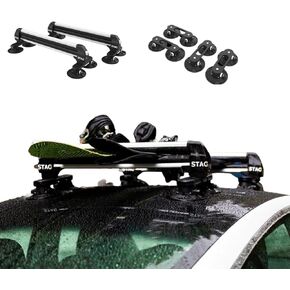 Moment STAG Ski Rack + Base Unit Bundle | Car Roof Rack with Strong Vacuum Cups for Ski Accessories, No-Drill Snowboard Rack, Holds 4 Boards or 4 Pairs of Skis