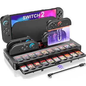 Switch 2 Organizer Station & Charging Dock Station, 4-in-1 Switch 2 Joycons Charger for Nintendo (2025) with Storage Base, 20 Game Card Slots, Indicators & Charging Sync USB Ports
