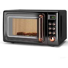 Countertop Retro Microwave Oven, SIMOE 0.7 Cu Ft Small Microwave with Defrost, 5 Micro Power, 8 Auto-cooking Set & Child Lock, Compact Microwave w/10 Inch Turntable, 60-min Timer, LED Display, 700W