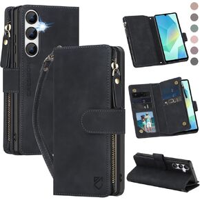 for Samsung Galaxy A16-5G-Wallet Case: with RFID Blocking Card Slots (6 Cards) | Soft PU Leather Magnetic Snap Zipper Pocket | Crossbody Wrist Strap Protective Phone Cover - Claret