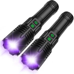 UV&High Lumens Flashlight Rechargeable, 2-in-1 Powerful Blacklight LED Flashlight Tactical 6 Modes Super Bright Waterproof Zoomable Detector for Pet Urine Curing Resin Camping Emergencies