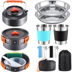 25 Pcs Camping Cookware Mess Kit Camping Pots and Pans Set with 2 Set Stainless Steel Cups Plates Forks Knives Spoons for Camping, Backpacking, Outdoor Cooking and Picnic