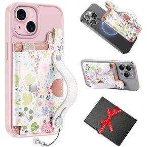 for MagSafe Wallet,Magnetic Wallet for iPhone 12-16 Series,Ultra-Slim Card Holder with Movable Leather Strap-Stand,Hold 2 Cards,Stylish Women’s Floral Style&Snap Closure,RFID Blocking (Pink, 5‘’)
