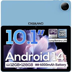 Digiland Tablet ، 10.1 "Android 14 Tablet مع G80 Octa -Core ، تخزين 12 جيجا بايت+128 جيجابايت ، بطارية 6000 مللي أمبير في الساعة ، الكاميرا المزدوجة ، شاشة اللمس HD IPS ، BT 5.0 - رمادي