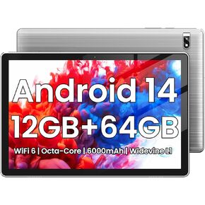 Android Tablet 10.1 inch, Android 14 Tablets, Octa-Core, 12GB RAM + 64GB ROM (1TB Expand), 6000mAh Battery, 2.4G+5G Wi-Fi 6, 2MP+8MP Cameras, Bluetooth, 1280x800 FHD IPS (Gray)