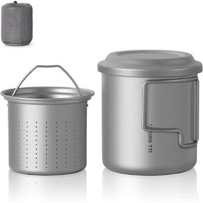 ZING TII Titanium Camping Cup with Tea Infuser - Lightweight 15oz Travel Mug with Handle & Lid, Durable Backpacking Cookware for Outdoor Adventures, Tea Brewing Cup for Hiking/Camping (450ml)