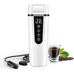 Car Travel Electric Kettle, 12V/24V Kettle Portable Water Boiler, Large Display Multi-Temp Adjustment Car Water Heater,304 Stainless Steel Truck Heating Cup for Brewing Coffee Tea (Black, 400 mL)