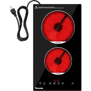 2 Burners Electric Cooktop, 12 Inch Built-in Ceramic Cooktop, 120v Plug in Electric Stove Top with Child Lock, Timer, Over-Temperature Protection, Sensor Touch Control