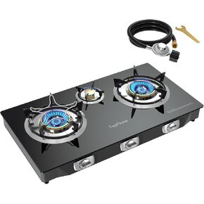 3 Burner Propane Stove 32,300 BTU High-Efficiency Tempered Glass Auto-Ignition Gas Burner Stove Top with CSA Hose for Outdoor RV Camping Emergency Cooking in Saudi Arabia