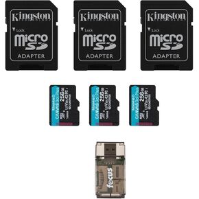 Kingston Canvas Go Plus 256GB U3 V30 A2 MicroSD Card with SD Adapter (3-Pack) Bundle with Card Reader