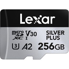 Lexar 256GB Silver Plus Micro SD Card Up to 205 MB/s, MicroSDXC UHS-I Flash Memory Card with Adapter, C10, U3, A2, V30, Full HD, 4K UHD, High Speed TF Card for Drone, Action Camera, Handheld Consoles