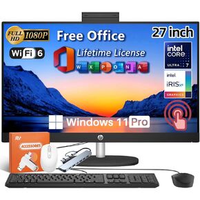 HP 27 Inch All in One Touchscreen Desktop Computer, Intel Ultra 7 155U(Up to 4.8GHz), Intel IrisXe, FHD Anti-Glare Touchscreen, 64 GB DDR5, 1 TB SSD, Windows 11 Pro, Office Pro Lifetime, Jet Black